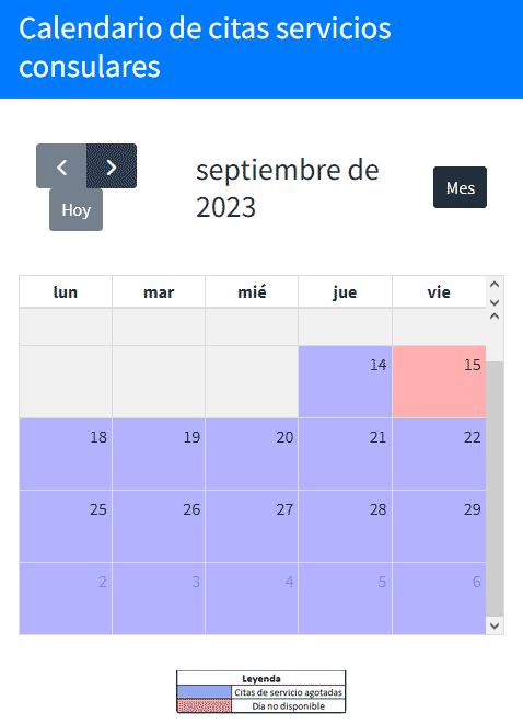 Calendario para seleccionar fecha para agendar cita para el pasaporte en el consulado hondureño en USA