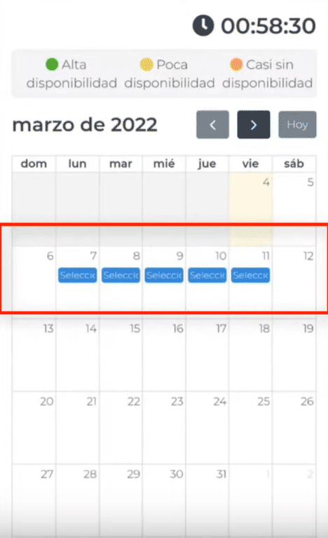Calendario con los días para citas disponibles